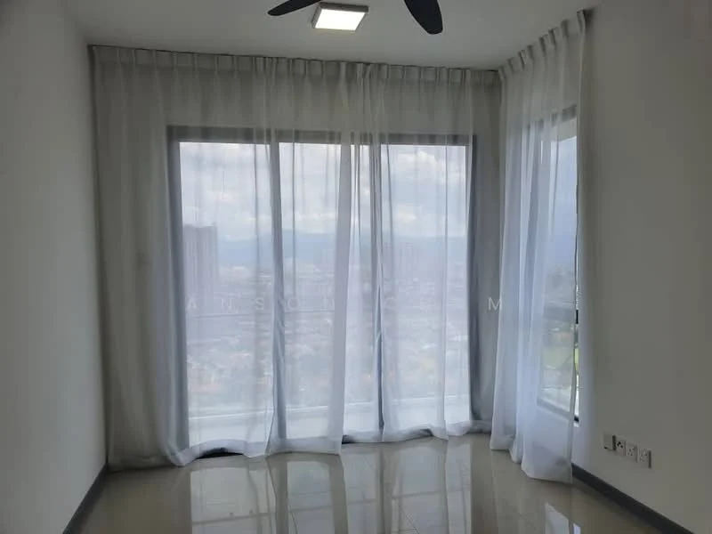 Room features: floor-to-ceiling windows, sheer curtains, grey tiled flooring, recessed ceiling lights, ceiling fan, city view; style: modern; view: city.