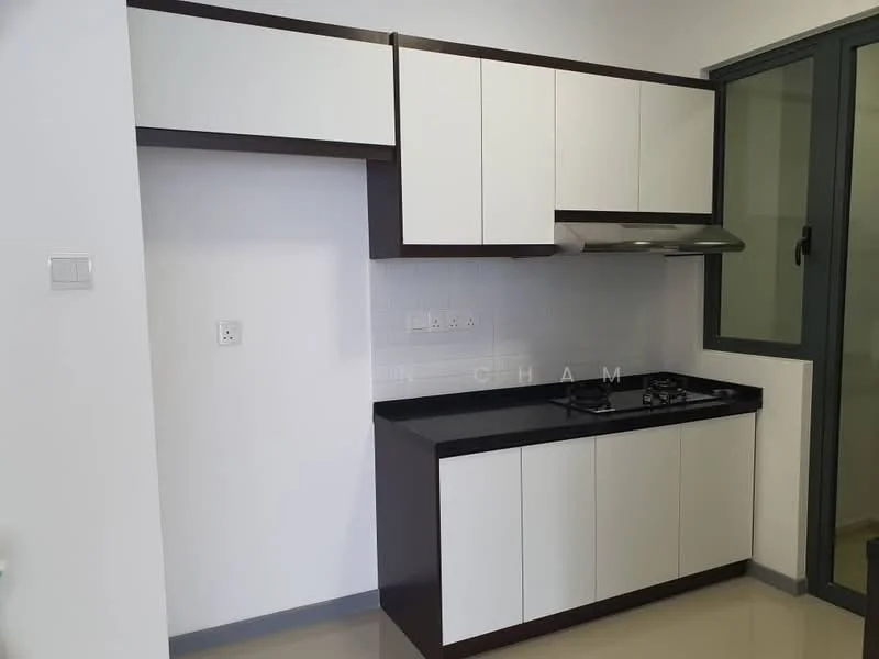 Kitchen features: white cabinetry, dark wood cabinetry, black granite countertop, built-in gas hob, stainless-steel range hood, white tiled backsplash, floor-to-ceiling window, light grey tile flooring; style: modern.