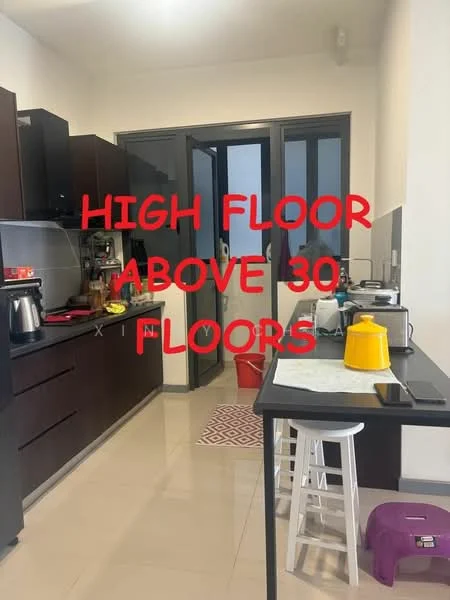 Kitchen features: dark wood cabinetry, stainless-steel sink, chrome pull-down faucet, black countertop, built-in stove, microwave, refrigerator, kitchen island with seating, tile flooring, window with natural light, open layout, white walls, light fixtures; style: modern.