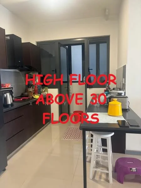 Kitchen features: dark wood cabinetry, stainless-steel sink, chrome pull-down faucet, black countertop, built-in oven, freestanding range oven, microwave, refrigerator, tile flooring, white walls, window with black frames, kitchen island with seating, open layout; style: modern.