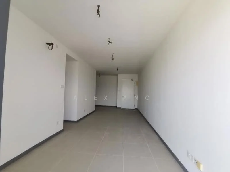 Room features: white painted walls, grey accent wall, tile flooring, recessed downlights, 2 wall-mounted light fixtures, single door, open layout, no visible furniture; style: modern.