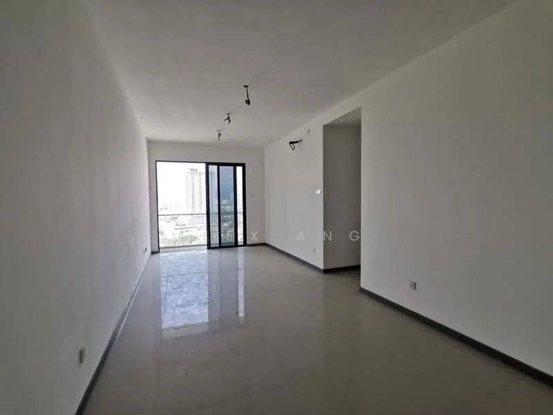 Living features: white painted walls, polished ceramic tile flooring, floor-to-ceiling windows, sliding glass door, recessed downlights, track lighting, city view; style: modern; view: city.