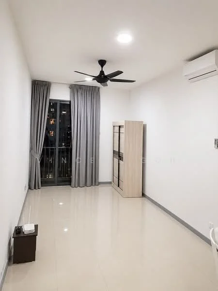 Living features: white painted walls, glossy tile flooring, 5-blade ceiling fan with light, floor-to-ceiling windows, grey curtains, wooden shelving unit, small side table, wall-mounted air conditioning unit; style: modern; view: city.