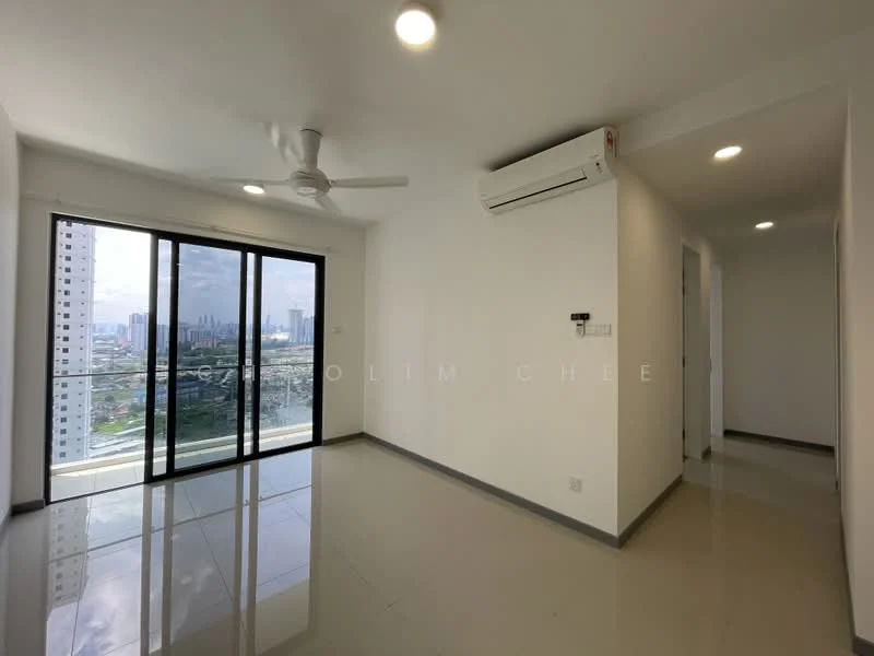 Living features: floor-to-ceiling windows, sliding glass door, white painted walls, polished ceramic tile flooring, 5-blade ceiling fan with light, wall-mounted split AC, recessed downlights, balcony view, neutral color scheme, open layout; style: modern; view: city. Room features: white painted walls, polished ceramic tile flooring, recessed downlights, doorway leading to another room.