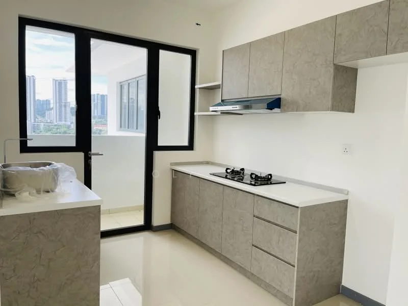 Kitchen features: grey laminate cabinetry, white countertop, built-in gas hob, stainless-steel range hood, single-bowl stainless-steel sink, floor-to-ceiling windows, glazed tile flooring, open layout, view of city skyline; style: modern; view: city.