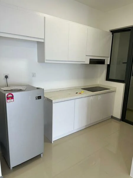 Kitchen features: white cabinetry, granite countertop, stainless-steel fridge, built-in oven, single-bowl stainless-steel sink, chrome pull-down faucet, ceramic tile flooring, wall-mounted range hood, window with black frame, light-colored walls, recessed downlights; style: modern.