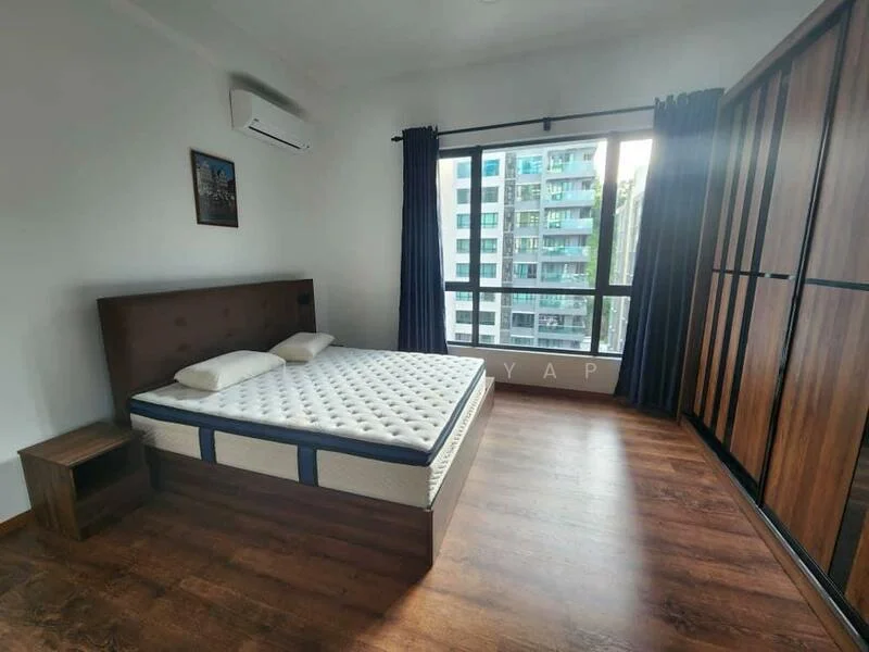 Bedroom features: queen-size bed, mattress, wooden bedside table, built-in wardrobe with sliding doors, floor-to-ceiling windows, blackout curtains, air conditioning unit, laminate flooring; style: modern; view: city.