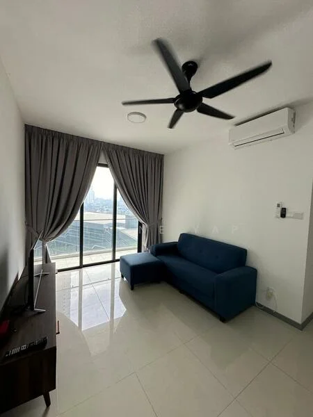 Living features: 3-seater fabric sofa in blue, floor-to-ceiling windows, curtains in grey, wall-mounted TV, TV console, ceiling fan, wall-mounted split AC, glossy tile flooring, light-colored painted walls, decorative ceiling light; style: modern; view: city.