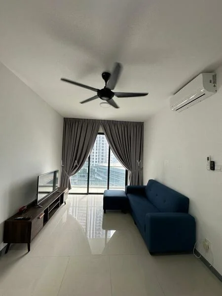 Living features: 3-seater fabric sofa in blue, wall-mounted TV, TV console with storage, floor-to-ceiling windows, grey curtains, 5-blade ceiling fan with light, wall-mounted split AC, polished tile flooring, white painted walls; style: modern; view: city.