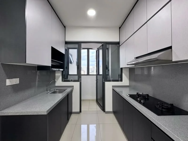 Kitchen features: grey granite countertop, black lower cabinetry, white upper cabinetry, stainless-steel sink, chrome pull-down faucet, built-in gas hob, built-in oven, wall-mounted range hood, white tiled backsplash, floor-to-ceiling windows, sliding glass door, tile flooring, recessed downlights; style: modern; view: city.