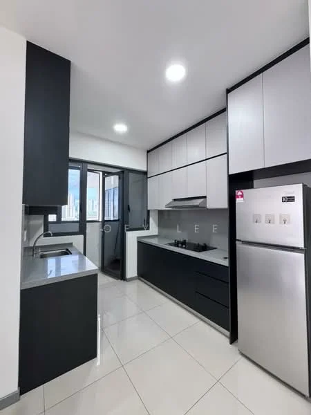 Kitchen features: grey and white cabinetry, stainless-steel fridge, built-in oven, 4-burner gas hob, single-bowl stainless-steel sink, chrome pull-down faucet, grey quartz countertop, white tiled backsplash, floor-to-ceiling windows, recessed LED downlights, white ceramic tile flooring; style: modern; view: city.
