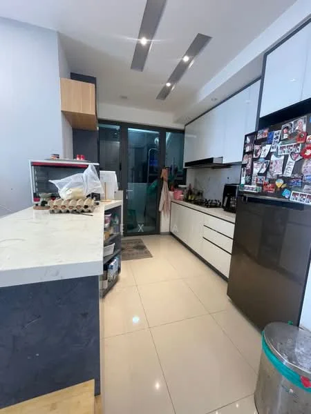 Kitchen features: white cabinetry, black countertop, stainless-steel fridge, built-in oven, ceramic tile flooring, recessed downlights, sliding glass door, open shelving, kitchen island with seating, decorative magnets on fridge, dish rack, egg carton on counter; style: modern.