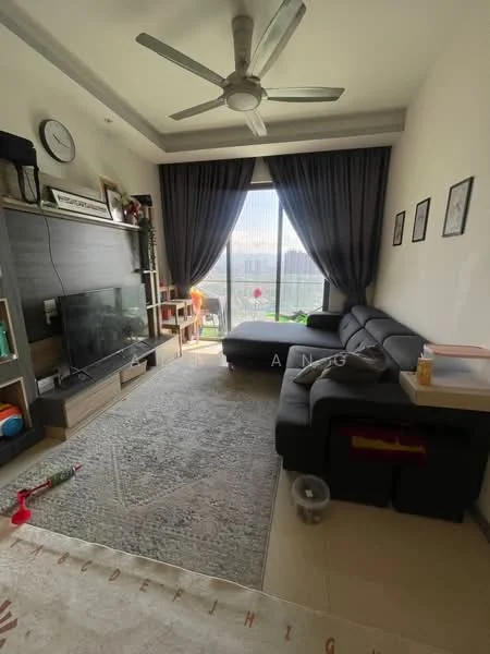 Living features: 3-seater fabric sofa in black, coffee table, TV console, wall-mounted TV, area rug with geometric pattern, floor-to-ceiling windows, blackout curtains, ceiling fan with light, decorative wall art, wooden shelving unit, plant in ceramic pot; style: modern; view: city.