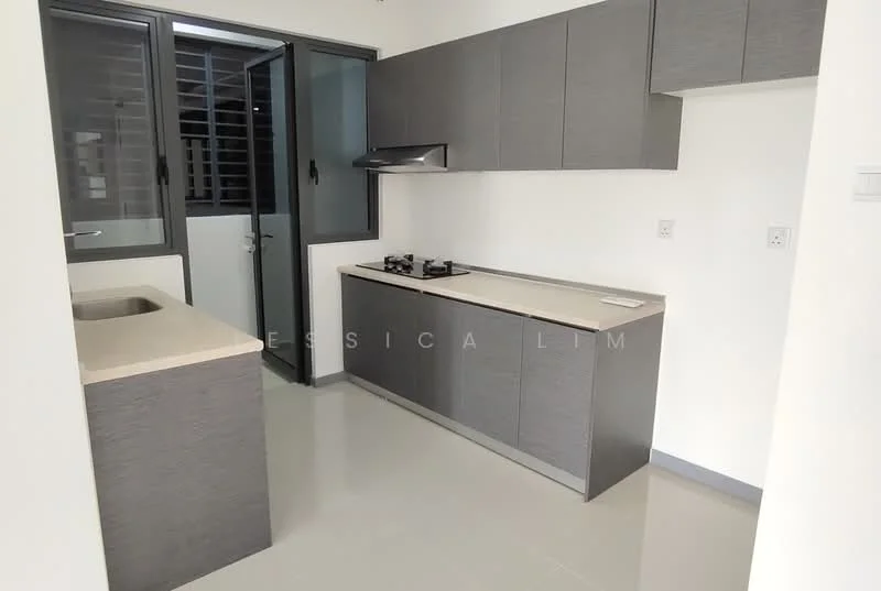 Kitchen features: grey cabinetry, stone countertop, single-bowl stainless-steel sink, chrome pull-down faucet, built-in gas hob, exhaust hood, wall-mounted cabinets, floor-to-ceiling windows, grey tiled flooring, open layout; style: modern.