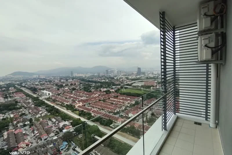 Room features: glass balcony railing, floor-to-ceiling windows, 2 wall-mounted split AC units, horizontal slatted privacy screens, concrete flooring, city skyline view, mountain view; style: modern; view: city.