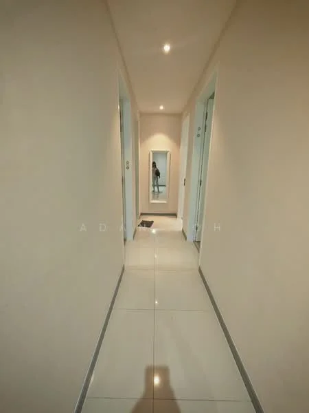 Hallway features: white painted walls, glossy tile flooring, recessed downlights, full-length mirror, two doors on each side, neutral color scheme, modern design, narrow layout; style: modern.