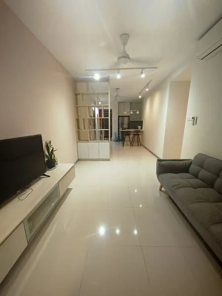 Living features: grey fabric sofa, TV console with storage, wall-mounted TV, white painted walls, glossy tile flooring, ceiling fan with light, recessed LED downlights, decorative plant on console, glass partition, open layout; style: modern.
