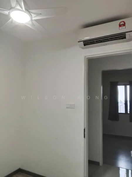 Room features: white painted walls, ceiling fan, wall-mounted split AC, grey floor tiles, window with curtains.