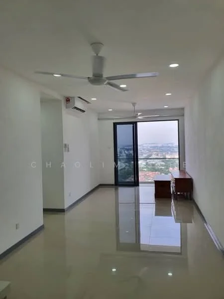Living features: white painted walls, polished ceramic tile flooring, 5-blade ceiling fan with light, floor-to-ceiling windows, sliding glass door, city view, air conditioning unit on wall, wooden console table; style: modern; view: city.