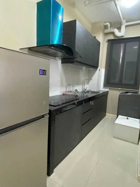 Kitchen features: black cabinetry, stainless-steel fridge, built-in oven, stainless-steel range hood, black countertop, white backsplash, single-bowl stainless-steel sink, chrome pull-down faucet, ceramic tile flooring, window with dark blinds, wall-mounted ventilation system; style: modern.