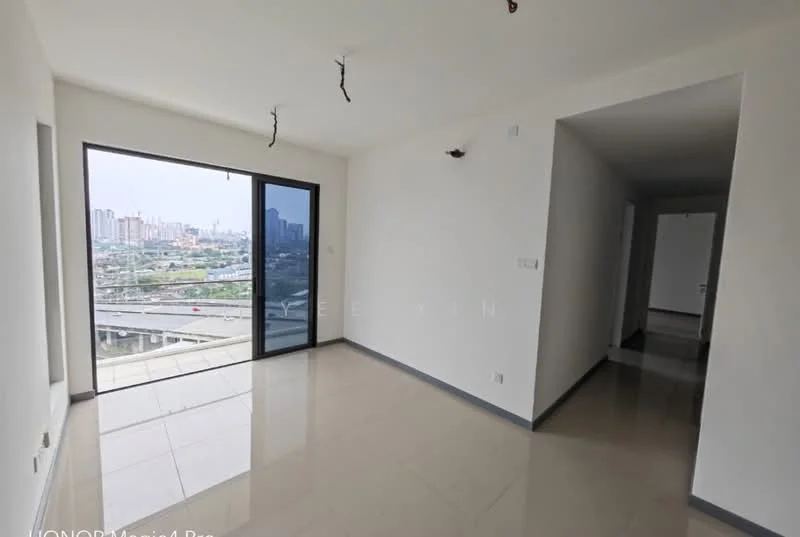 Room features: white painted walls, polished ceramic tile flooring, floor-to-ceiling windows, sliding glass door, city view, recessed downlights, ceiling with exposed wiring, open layout; style: modern; view: city.