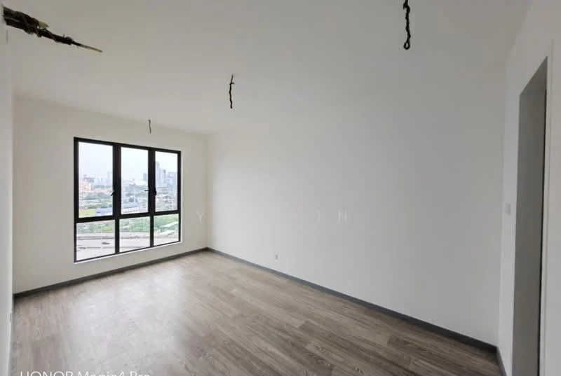 Room features: white painted walls, laminate flooring, floor-to-ceiling windows, city view, no visible ceiling fixtures, no visible furniture, minimalist design, neutral color palette; style: modern; view: city.