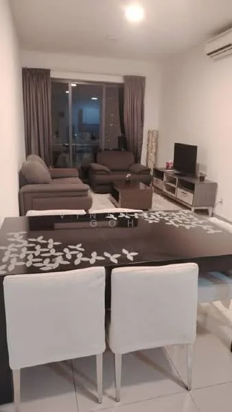 Living features: grey fabric sofa, 2-seater grey fabric sofa, black coffee table with decorative design, TV console with storage, wall-mounted TV, floor-to-ceiling windows, curtains, air conditioning unit, white tiled flooring, decorative floor lamp; style: modern; view: city. Dining features: 6-seater dining table, white upholstered dining chairs, decorative centerpiece on table; style: modern.