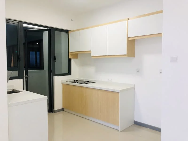 Kitchen features: white upper cabinets, wood lower cabinets, white countertop, built-in stove, single-bowl stainless-steel sink, window with black frame, light-colored flooring, minimalist design, open layout; style: modern.