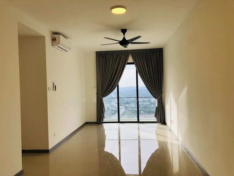 Living features: floor-to-ceiling windows, grey curtains, 5-blade ceiling fan with light, cream painted walls, polished tile flooring, air conditioning unit, city view; style: modern; view: city.