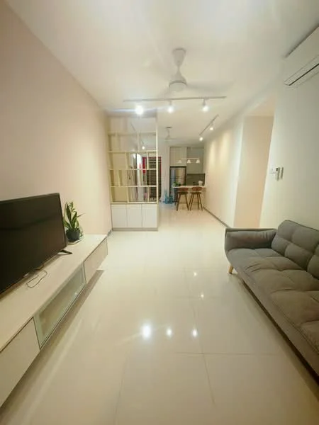 Living features: grey fabric sofa, white TV console, wall-mounted TV, recessed LED downlights, ceiling fan, white walls, glossy tile flooring, decorative plant, open shelving unit, dining table visible in background; style: modern.