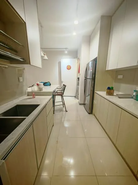 Kitchen features: double-bowl stainless-steel sink, chrome pull-down faucet, marble countertop, white cabinetry, built-in refrigerator, ceramic tile flooring, recessed downlights, open shelving, stool seating at counter, wall-mounted cabinets; style: modern.