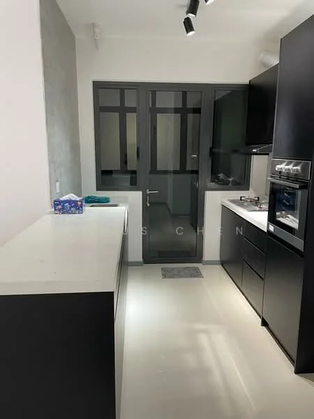 Kitchen features: black cabinetry, white quartz countertop, built-in oven, gas hob, stainless-steel range hood, grey accent wall, floor-to-ceiling windows, sliding glass door, recessed downlights, tile flooring, kitchen island, open shelving; style: modern.