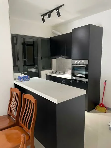Kitchen features: black cabinetry, white quartz countertop, stainless-steel built-in oven, stainless-steel gas hob, black backsplash, kitchen island with seating, floor-to-ceiling windows, recessed downlights, wooden dining chairs, sweeper visible; style: modern.