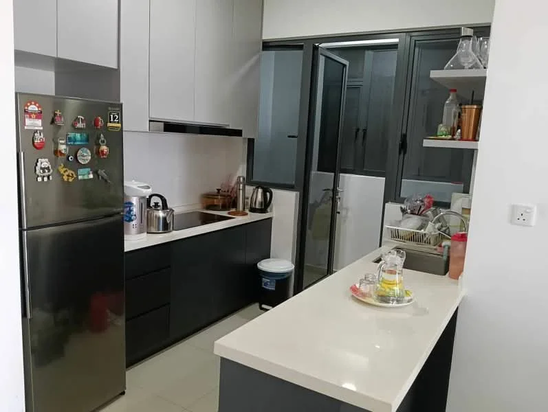 Kitchen features: grey cabinetry, white countertop, stainless-steel fridge, built-in oven, kettle, toaster, single-bowl stainless-steel sink, chrome pull-down faucet, glass partition, open shelving, tile flooring, wall-mounted cabinets, dish rack; style: modern.