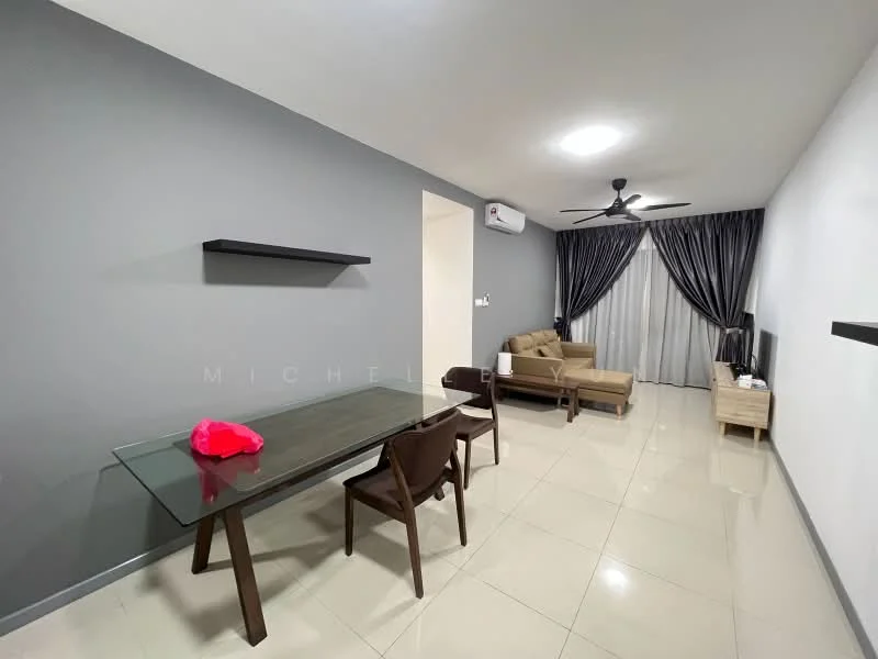 Living features: grey painted walls, white walls, glossy tile flooring, 5-blade ceiling fan, recessed LED downlights, sofa in beige, coffee table, TV console, floor-to-ceiling windows with sheer curtains, dining table with 4 chairs, wall-mounted TV, shelf unit on wall; style: modern.