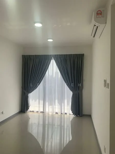 Room features: white painted walls, grey curtains, floor-to-ceiling windows, recessed LED downlights, polished tile flooring, wall-mounted split AC; style: modern.