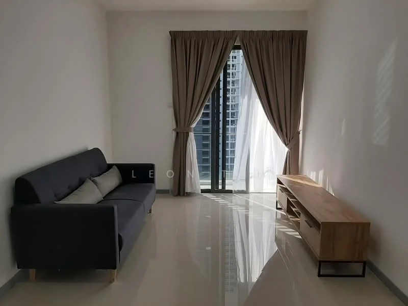 Living features: grey fabric sofa, wooden TV console, large floor-to-ceiling windows, sheer curtains, light-coloured walls, polished tile flooring, natural light from window, minimalist decor; style: modern; view: city.