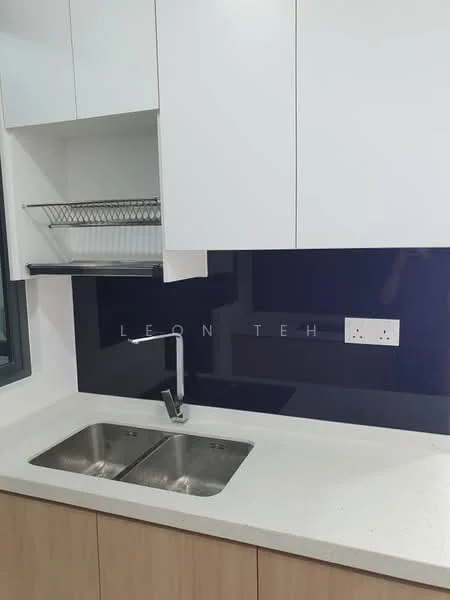 Kitchen features: double-bowl stainless-steel sink, chrome pull-down faucet, white cabinetry, light wood cabinetry, white countertop, black backsplash, open shelving, wall-mounted electrical outlets; style: modern.