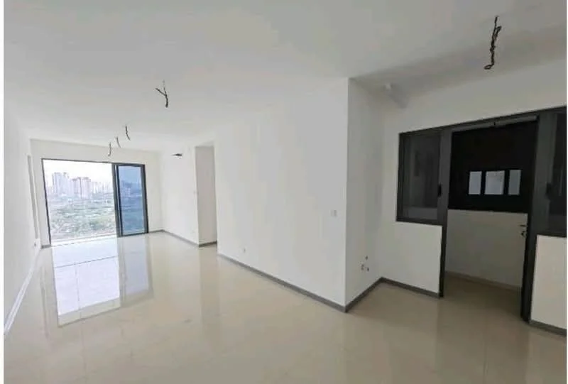 Living features: white painted walls, polished ceramic tile flooring, floor-to-ceiling windows, city view, recessed downlights, hanging light fixtures, open layout, neutral color scheme; style: modern; view: city. Room features: white painted walls, polished ceramic tile flooring, window with black frame, doorway leading to another room.