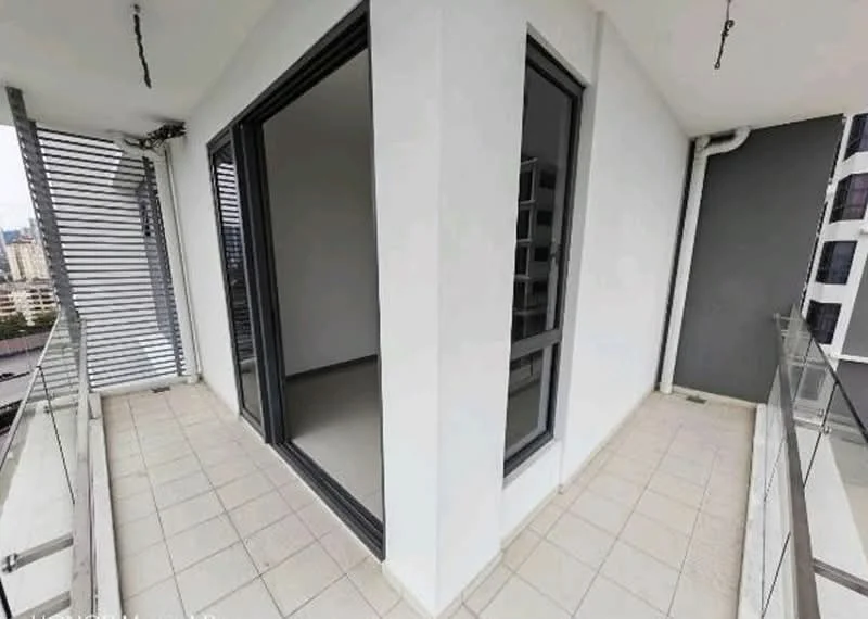 Room features: grey tiled flooring, white painted walls, floor-to-ceiling windows, sliding glass door, balcony railing, exposed ceiling, corner balcony layout, city view; style: modern; view: city.