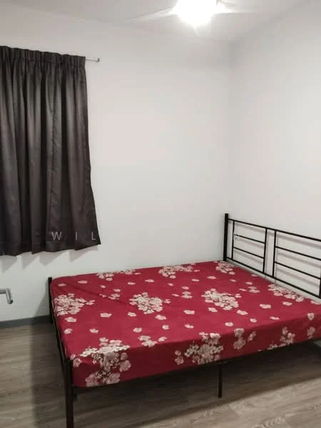 Bedroom features: single bed with floral-patterned red bedspread, grey curtains, white painted walls, laminate flooring, ceiling fan, light fixture.