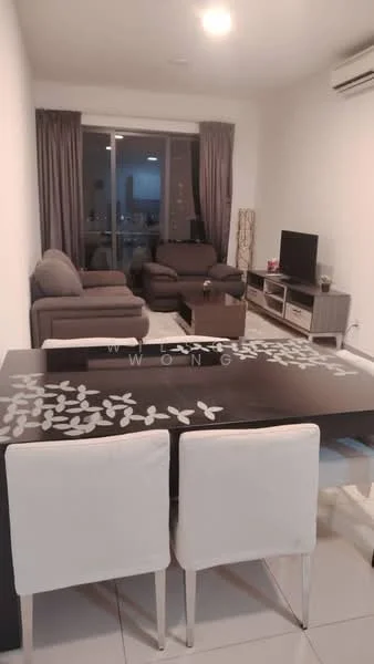 Dining features: dining table with decorative design, 4 white upholstered dining chairs, grey fabric sofa, 2-seater grey fabric sofa, TV console, wall-mounted TV, floor-to-ceiling windows, curtains, recessed downlights, wall-mounted air conditioning unit, light-colored tiled flooring, decorative floor lamp; style: modern; view: city.