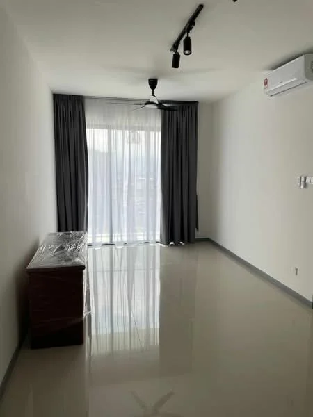 Living features: white painted walls, polished tile flooring, 5-blade ceiling fan, floor-to-ceiling windows, sheer curtains, dark wood sideboard, recessed lighting, air conditioning unit; style: modern.