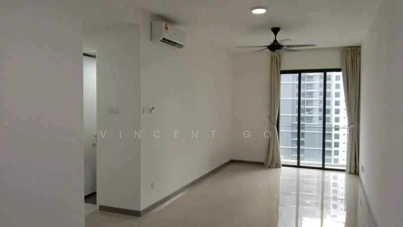 Living features: white painted walls, polished tile flooring, 5-blade ceiling fan with light, floor-to-ceiling windows, sliding glass door, sheer curtains, wall-mounted split AC, neutral colour scheme; style: modern; view: city.