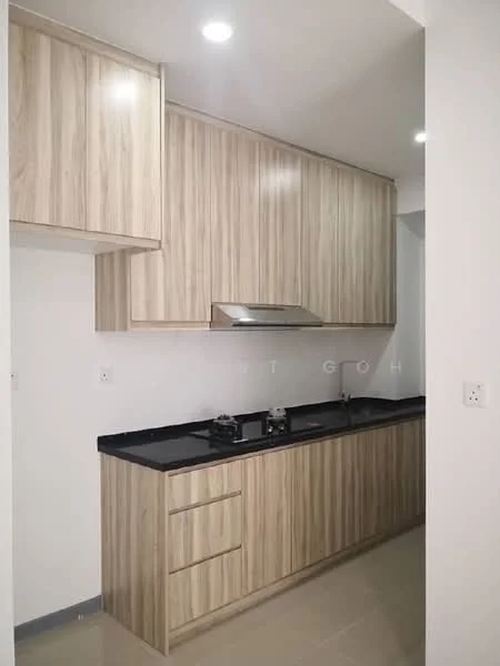 Kitchen features: laminate cabinetry with wood finish, black granite countertop, stainless-steel range hood, built-in gas hob, single-bowl stainless-steel sink, chrome pull-down faucet, recessed LED downlights, ceramic tile flooring, white painted walls; style: modern.