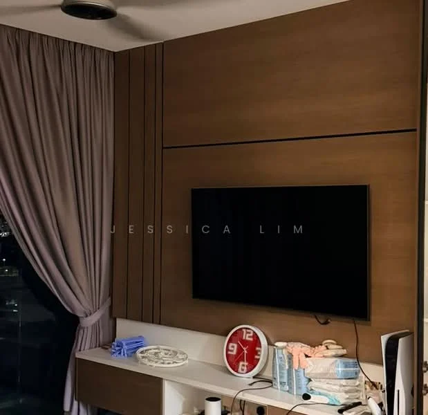 Room features: wood panelled wall, wall-mounted TV, curtains in grey, ceiling fan, white console table, decorative clock, various items on console, city view through window; style: modern; view: city.
