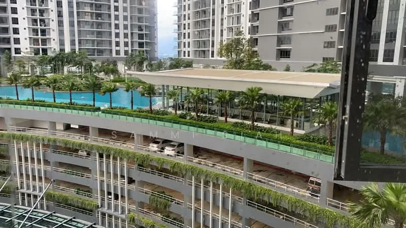 Exterior type: high-rise condominium; features: infinity pool, pool deck with loungers, landscaped garden with palm trees, multi-storey car park, glass curtain wall, balconies with glass railings, manicured lawn, children's playground, outdoor dining pavilion; style: modern.