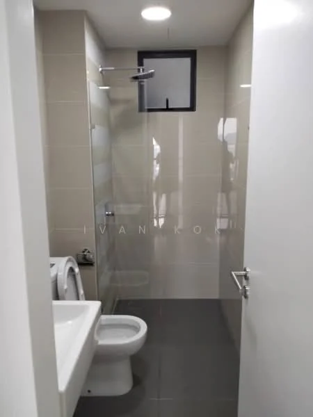 Bathroom features: white tiled walls, grey tiled flooring, walk-in shower with glass enclosure, rain shower head, chrome basin mixer faucet, single-sink vanity with white cabinet, one-piece toilet, mirror above sink, window for natural light, recessed ceiling lights; style: modern.