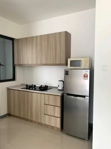 Kitchen features: laminate cabinetry in wood finish, white countertop, built-in gas hob with two burners, stainless-steel fridge, microwave, kettle, single-bowl stainless-steel sink, wall-mounted cabinets, tile backsplash, neutral wall color, floor-to-ceiling window, polished tile flooring; style: modern.