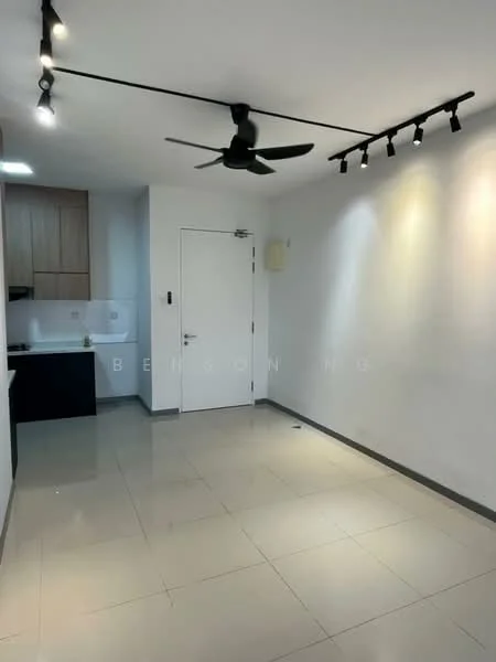 Living features: white painted walls, glossy ceramic tile flooring, 5-blade ceiling fan with light, track lighting, door with security lock, open layout to kitchen, recessed lighting, neutral color scheme; style: modern. Kitchen features: white cabinetry, black countertop, stainless-steel sink, built-in stove, open layout to living area; style: modern.
